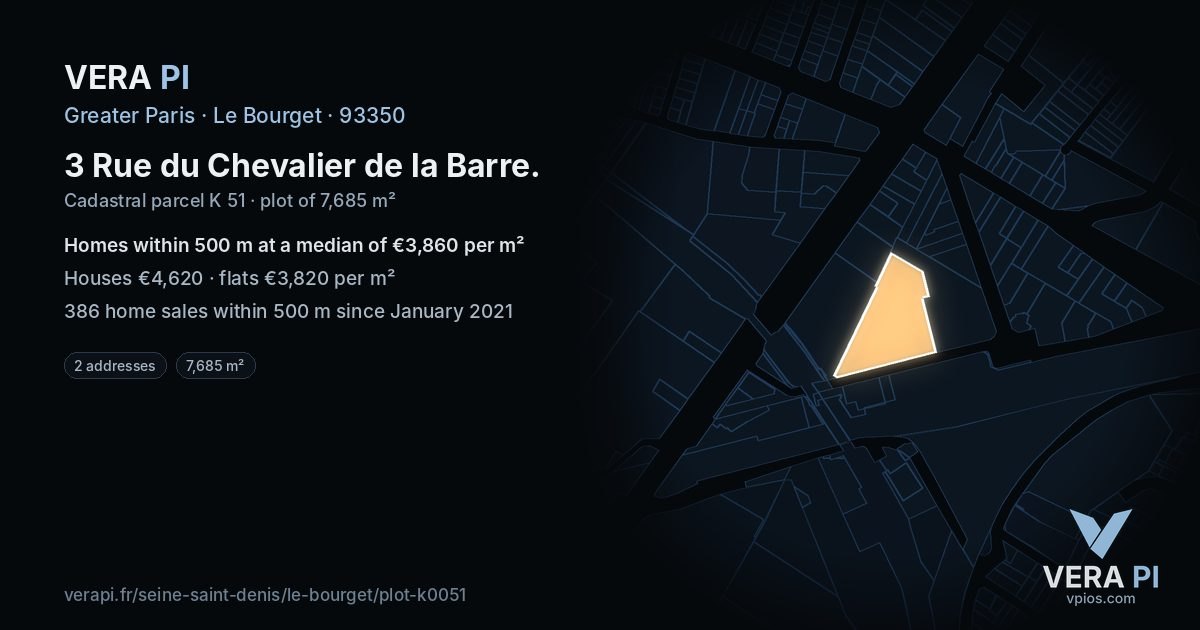 3 Rue du Chevalier de la Barre, Le Bourget at night – the plot lit, the parcels around coloured by the prices near them
