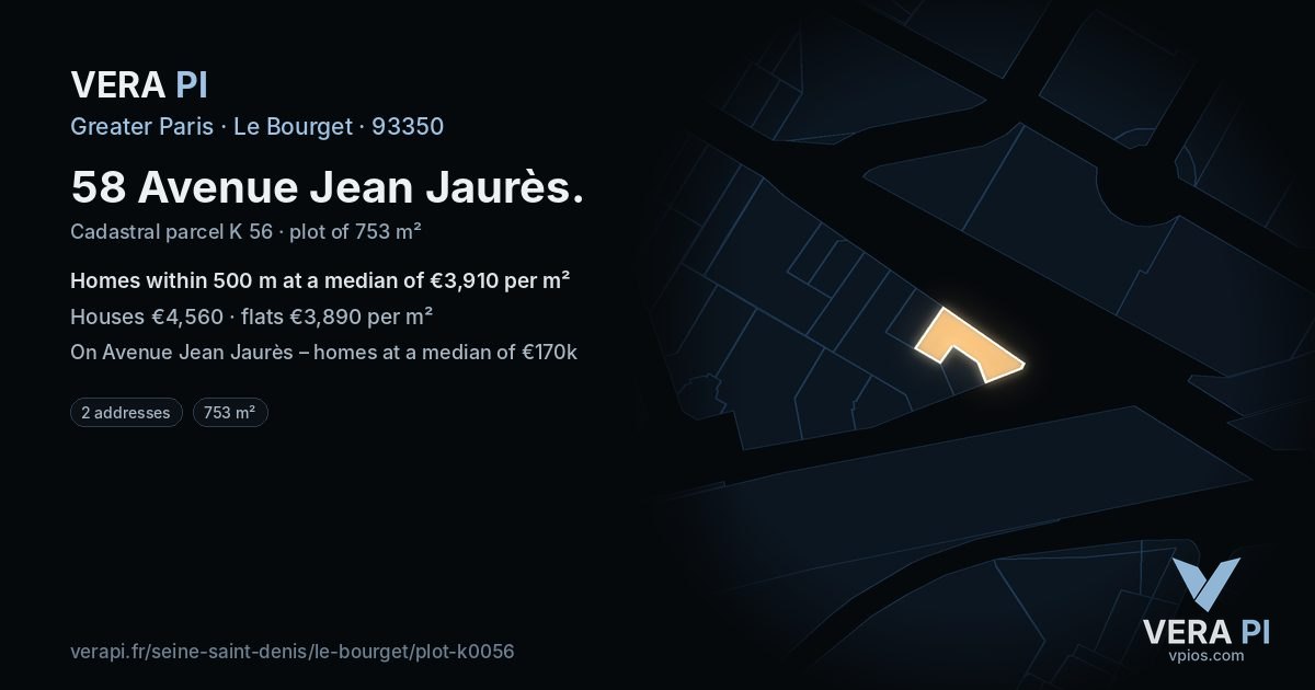 58 Avenue Jean Jaurès, Le Bourget at night – the plot lit, the parcels around coloured by the prices near them