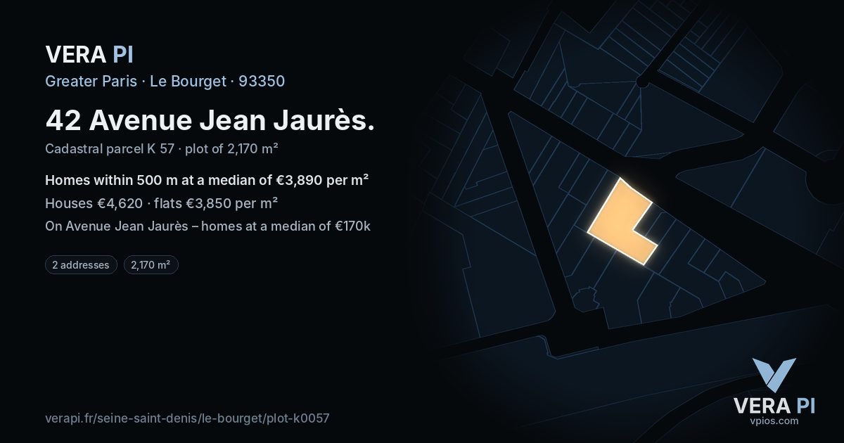 42 Avenue Jean Jaurès, Le Bourget at night – the plot lit, the parcels around coloured by the prices near them