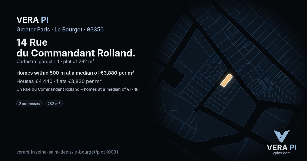 14 Rue du Commandant Rolland, Le Bourget at night – the plot lit, the parcels around coloured by the prices near them