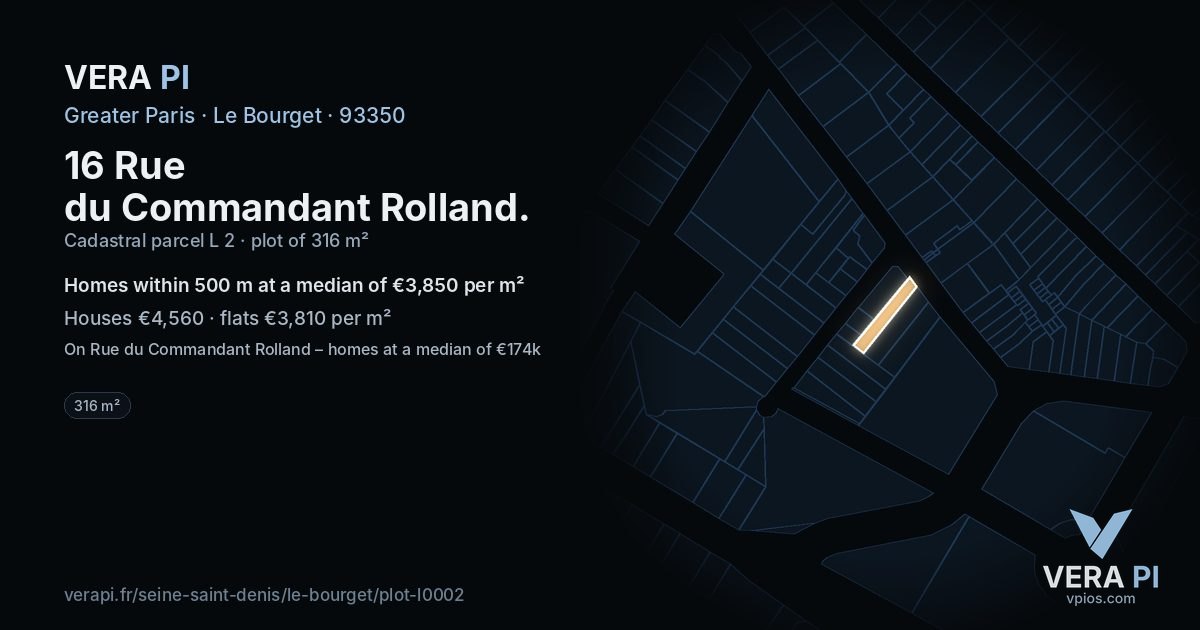 16 Rue du Commandant Rolland, Le Bourget at night – the plot lit, the parcels around coloured by the prices near them