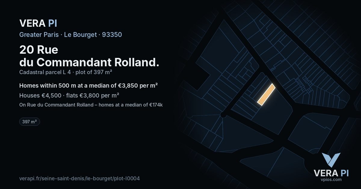 20 Rue du Commandant Rolland, Le Bourget at night – the plot lit, the parcels around coloured by the prices near them