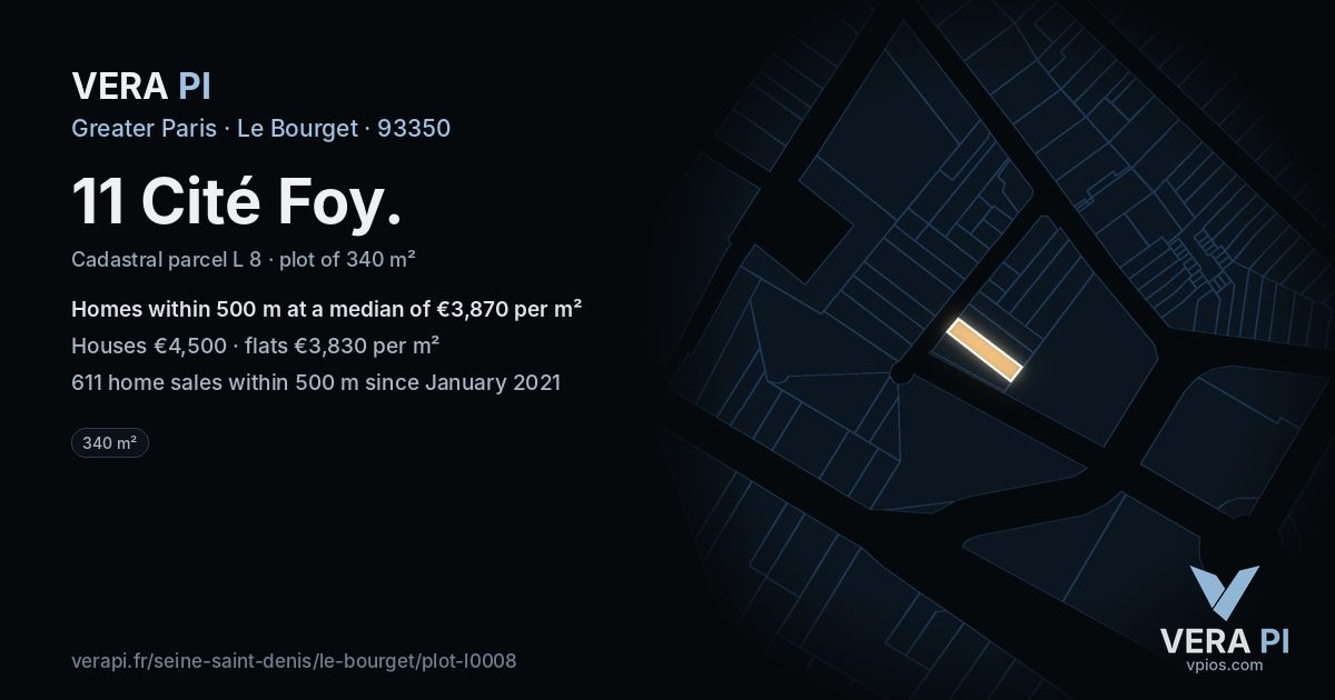 11 Cité Foy, Le Bourget at night – the plot lit, the parcels around coloured by the prices near them