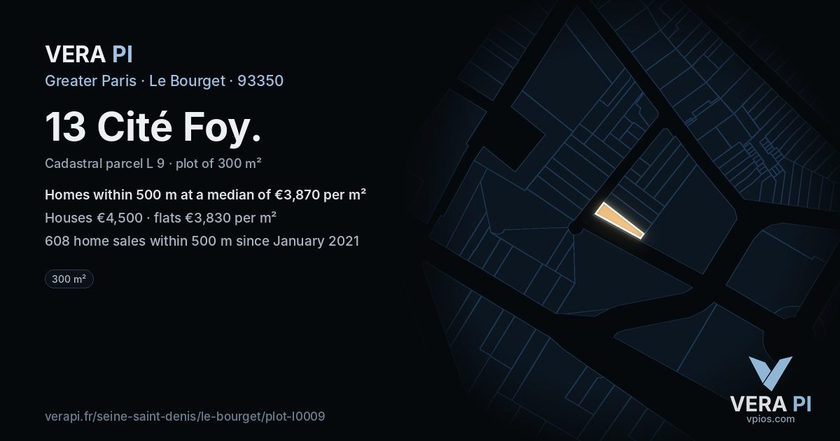 13 Cité Foy, Le Bourget at night – the plot lit, the parcels around coloured by the prices near them