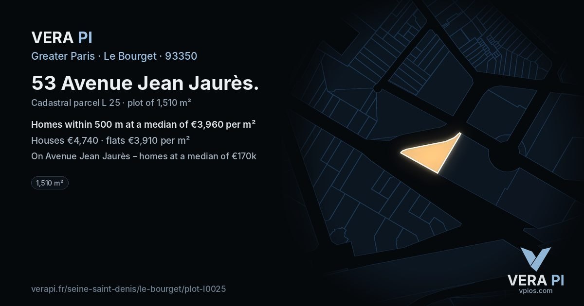 53 Avenue Jean Jaurès, Le Bourget at night – the plot lit, the parcels around coloured by the prices near them
