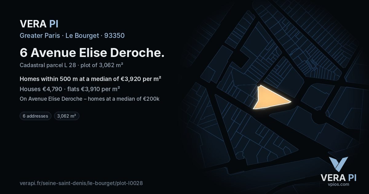 6 Avenue Elise Deroche, Le Bourget at night – the plot lit, the parcels around coloured by the prices near them