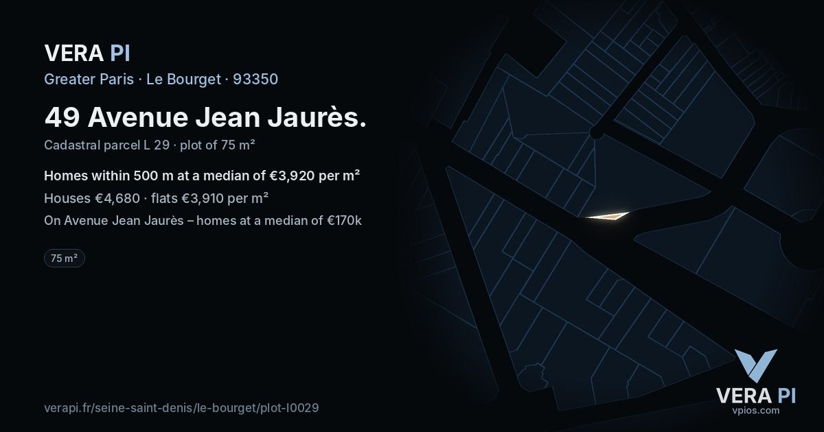 49 Avenue Jean Jaurès, Le Bourget at night – the plot lit, the parcels around coloured by the prices near them