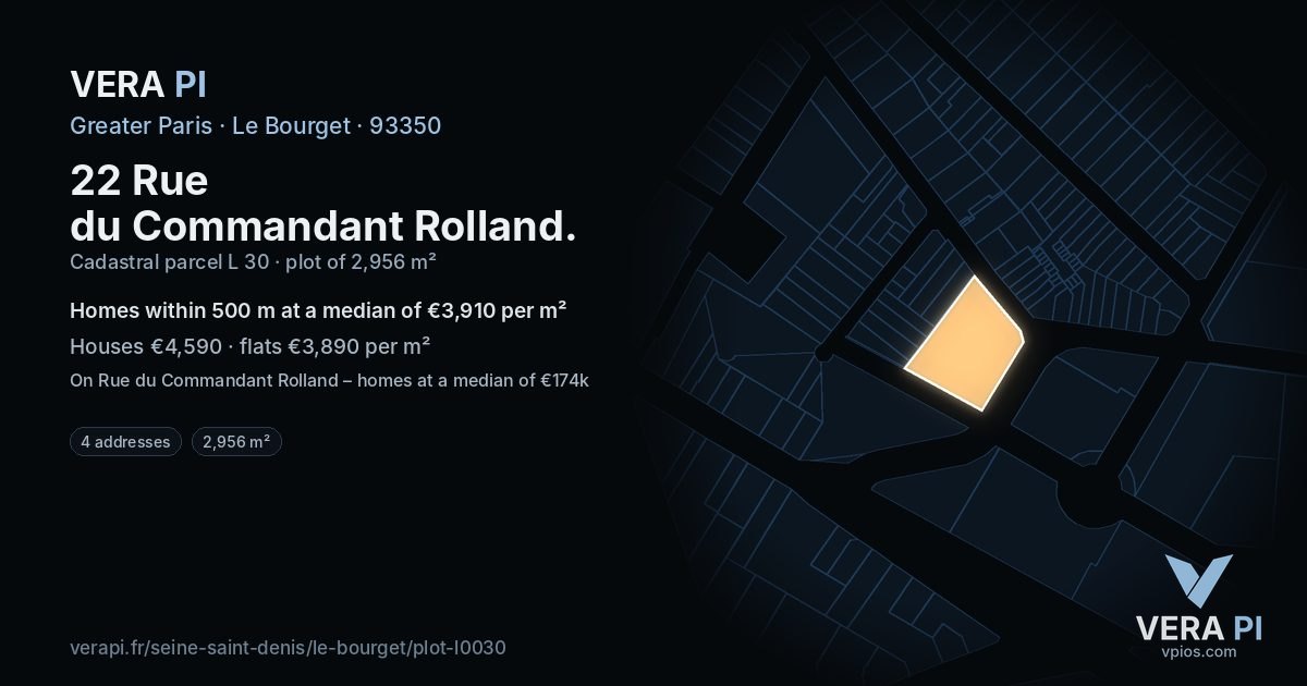 22 Rue du Commandant Rolland, Le Bourget at night – the plot lit, the parcels around coloured by the prices near them