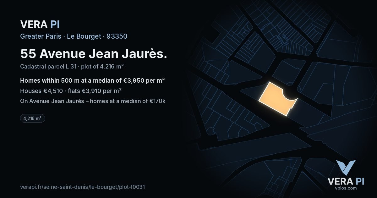 55 Avenue Jean Jaurès, Le Bourget at night – the plot lit, the parcels around coloured by the prices near them