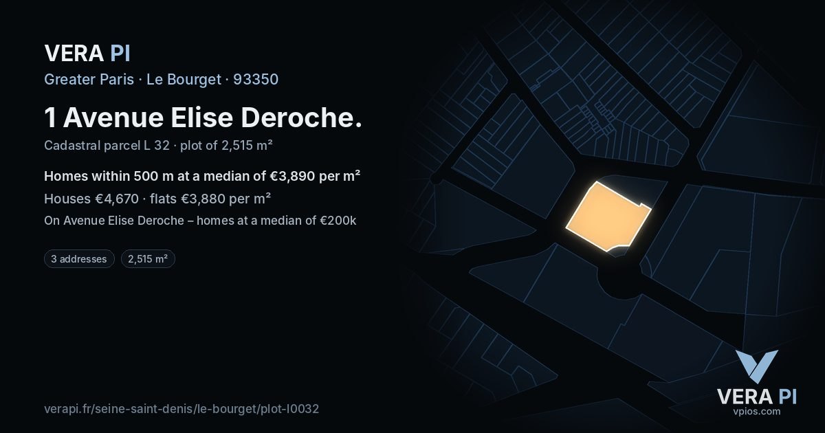 1 Avenue Elise Deroche, Le Bourget at night – the plot lit, the parcels around coloured by the prices near them