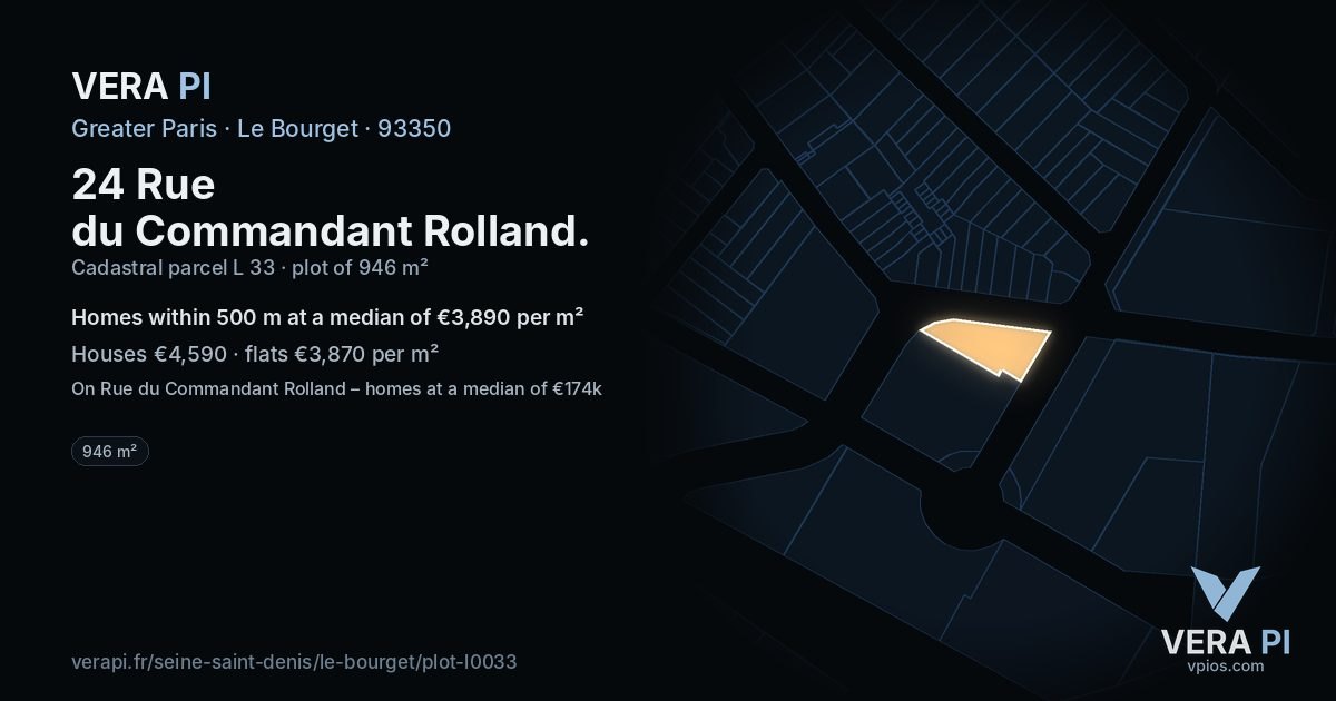 24 Rue du Commandant Rolland, Le Bourget at night – the plot lit, the parcels around coloured by the prices near them