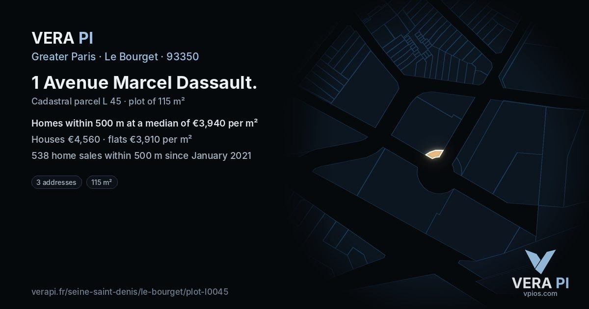 1 Avenue Marcel Dassault, Le Bourget at night – the plot lit, the parcels around coloured by the prices near them