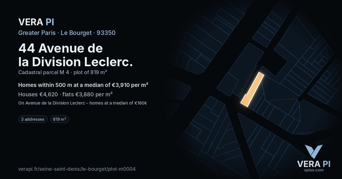 44 Avenue de la Division Leclerc, Le Bourget at night – the plot lit, the parcels around coloured by the prices near them