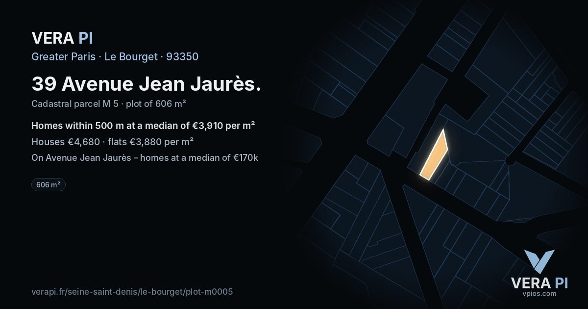 39 Avenue Jean Jaurès, Le Bourget at night – the plot lit, the parcels around coloured by the prices near them