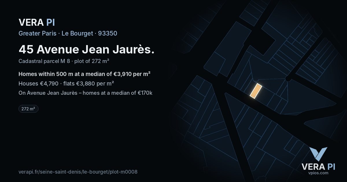 45 Avenue Jean Jaurès, Le Bourget at night – the plot lit, the parcels around coloured by the prices near them
