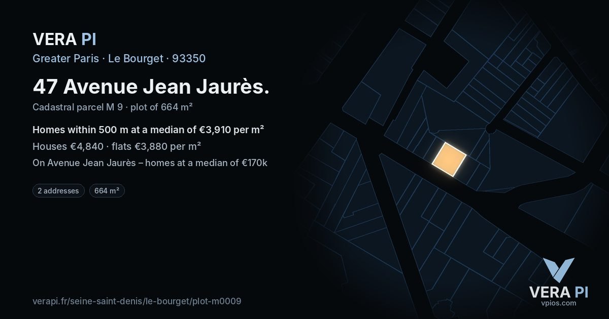 47 Avenue Jean Jaurès, Le Bourget at night – the plot lit, the parcels around coloured by the prices near them