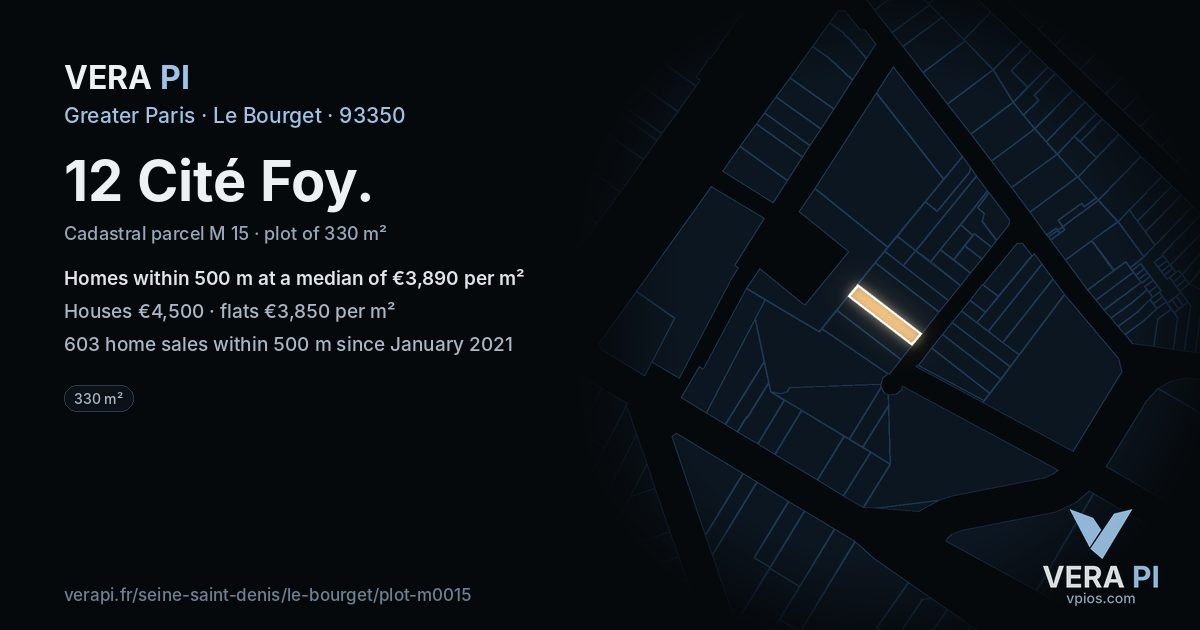 12 Cité Foy, Le Bourget at night – the plot lit, the parcels around coloured by the prices near them