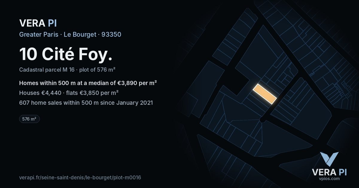 10 Cité Foy, Le Bourget at night – the plot lit, the parcels around coloured by the prices near them