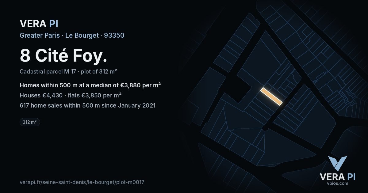 8 Cité Foy, Le Bourget at night – the plot lit, the parcels around coloured by the prices near them