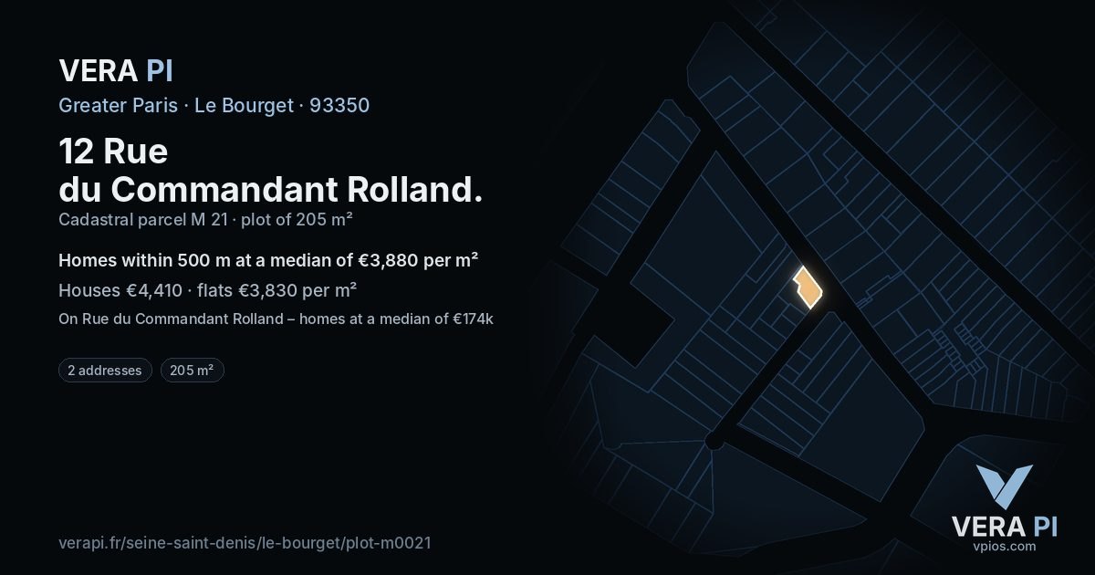 12 Rue du Commandant Rolland, Le Bourget at night – the plot lit, the parcels around coloured by the prices near them
