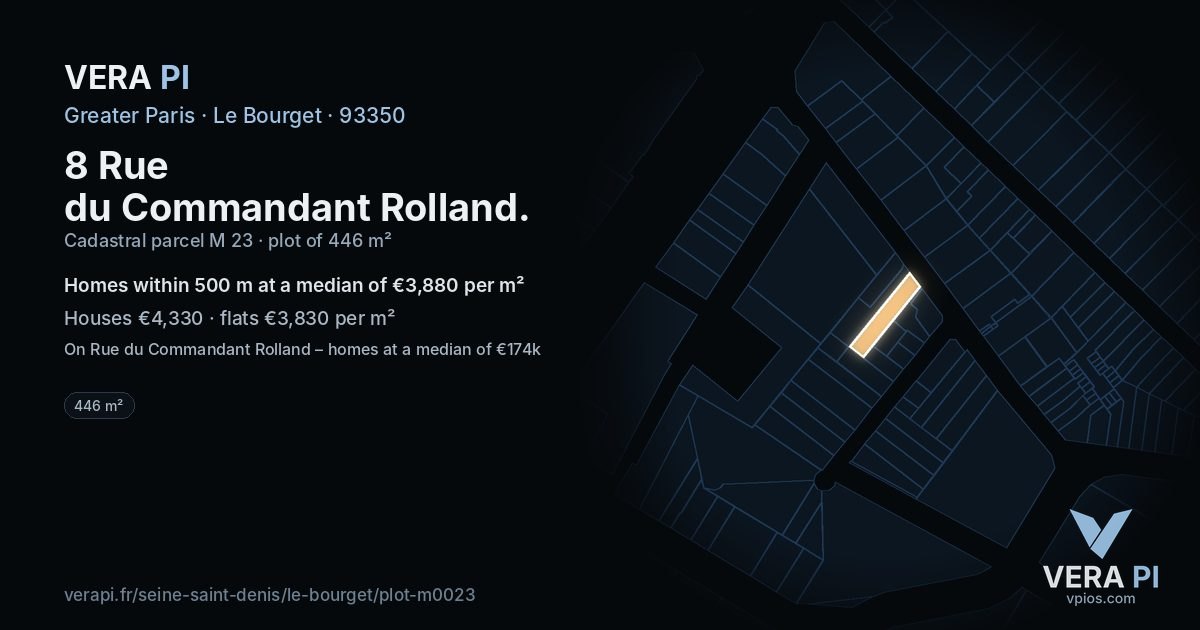 8 Rue du Commandant Rolland, Le Bourget at night – the plot lit, the parcels around coloured by the prices near them