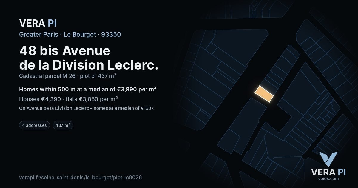 48 bis Avenue de la Division Leclerc, Le Bourget at night – the plot lit, the parcels around coloured by the prices near them