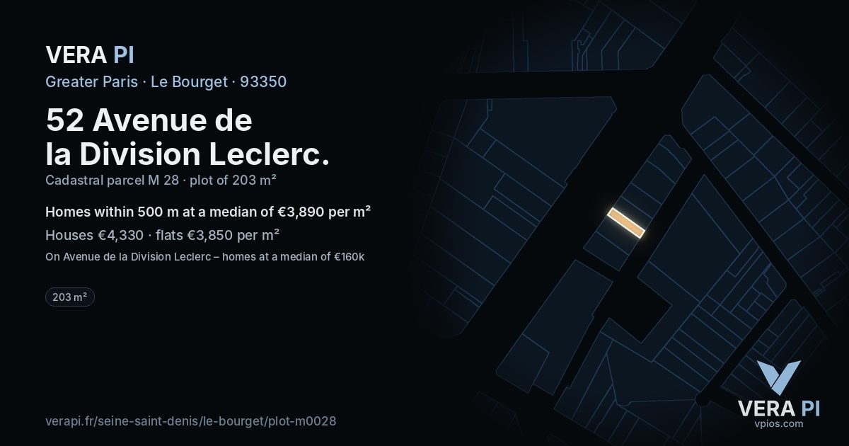 52 Avenue de la Division Leclerc, Le Bourget at night – the plot lit, the parcels around coloured by the prices near them