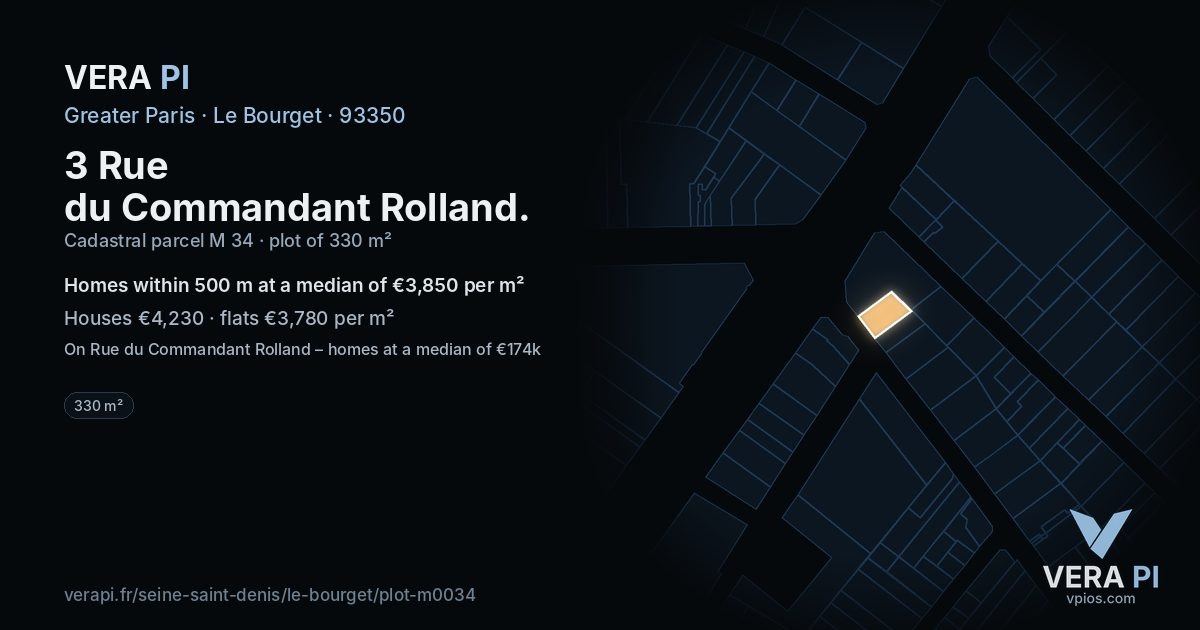 3 Rue du Commandant Rolland, Le Bourget at night – the plot lit, the parcels around coloured by the prices near them