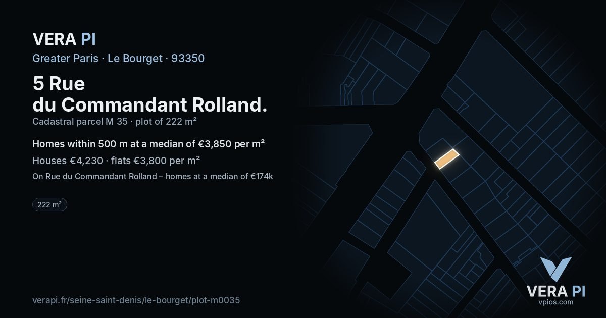 5 Rue du Commandant Rolland, Le Bourget at night – the plot lit, the parcels around coloured by the prices near them