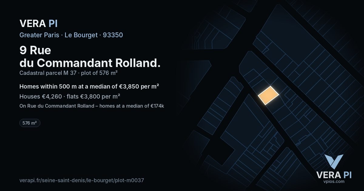 9 Rue du Commandant Rolland, Le Bourget at night – the plot lit, the parcels around coloured by the prices near them
