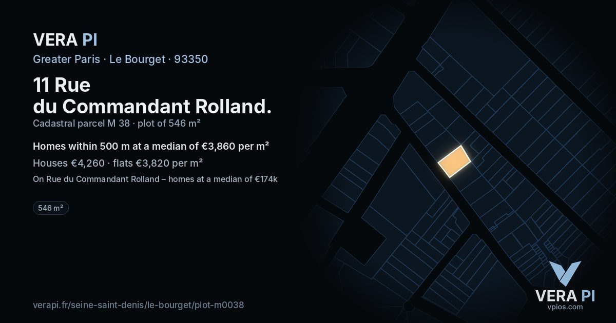 11 Rue du Commandant Rolland, Le Bourget at night – the plot lit, the parcels around coloured by the prices near them