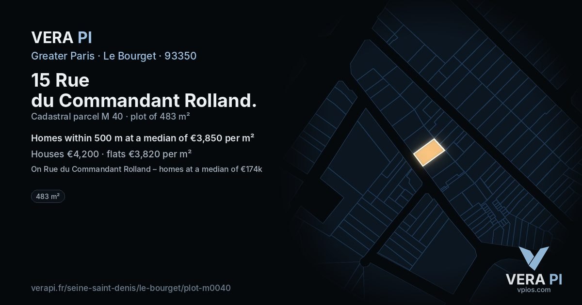 15 Rue du Commandant Rolland, Le Bourget at night – the plot lit, the parcels around coloured by the prices near them