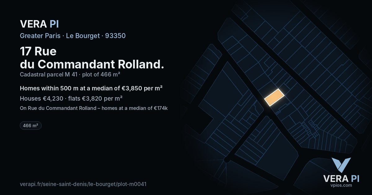 17 Rue du Commandant Rolland, Le Bourget at night – the plot lit, the parcels around coloured by the prices near them
