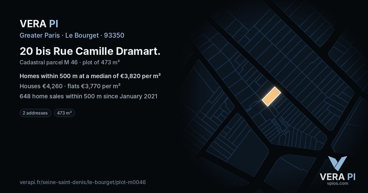 20 bis Rue Camille Dramart, Le Bourget at night – the plot lit, the parcels around coloured by the prices near them