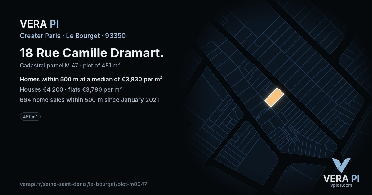 18 Rue Camille Dramart, Le Bourget at night – the plot lit, the parcels around coloured by the prices near them