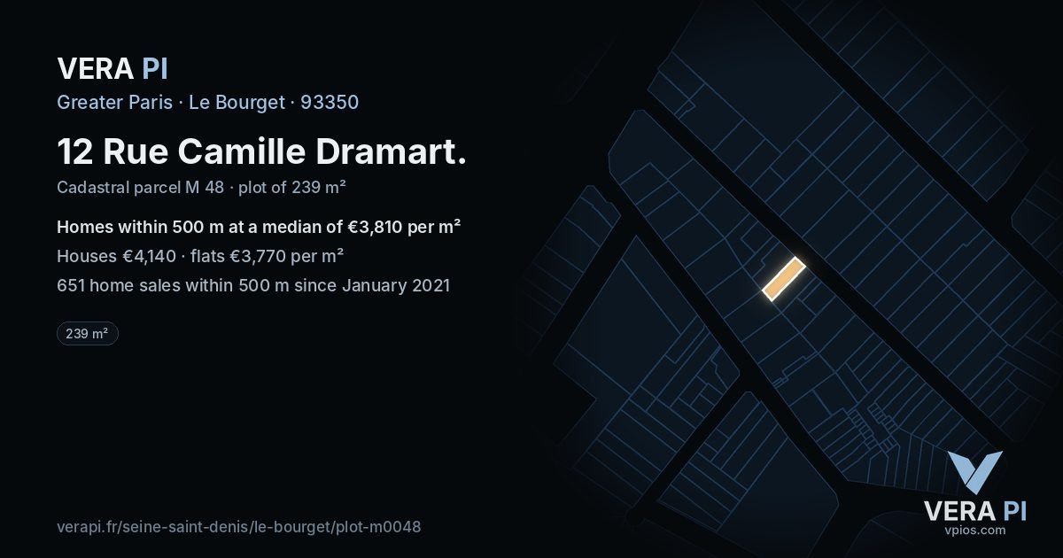 12 Rue Camille Dramart, Le Bourget at night – the plot lit, the parcels around coloured by the prices near them