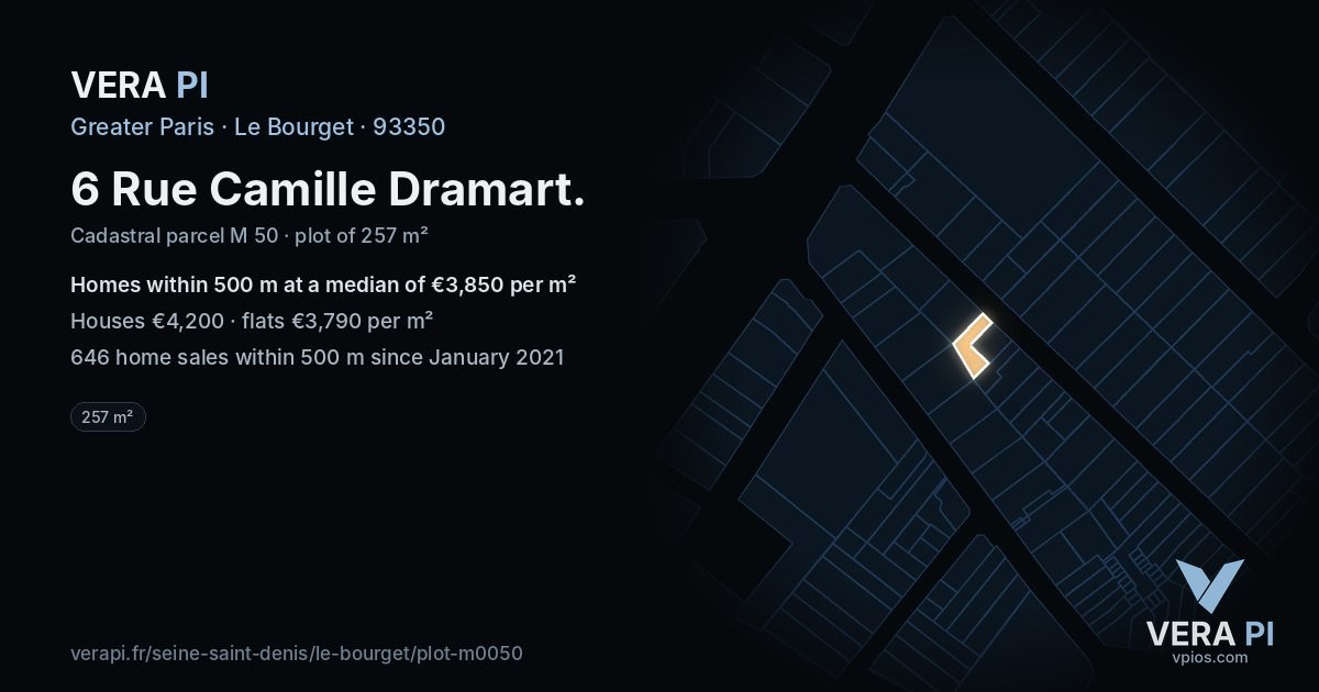 6 Rue Camille Dramart, Le Bourget at night – the plot lit, the parcels around coloured by the prices near them