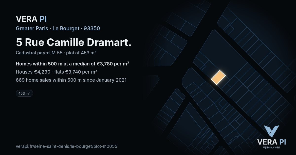 5 Rue Camille Dramart, Le Bourget at night – the plot lit, the parcels around coloured by the prices near them