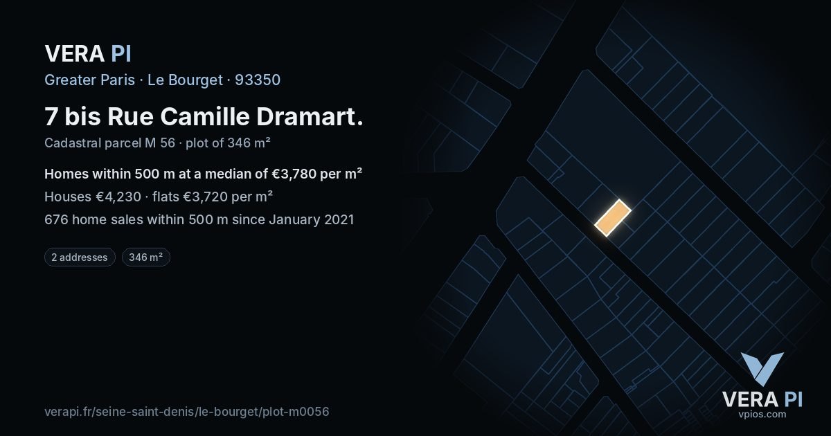 7 bis Rue Camille Dramart, Le Bourget at night – the plot lit, the parcels around coloured by the prices near them