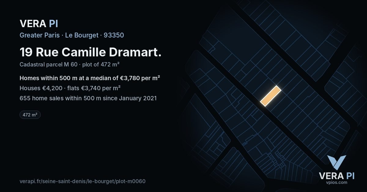 19 Rue Camille Dramart, Le Bourget at night – the plot lit, the parcels around coloured by the prices near them