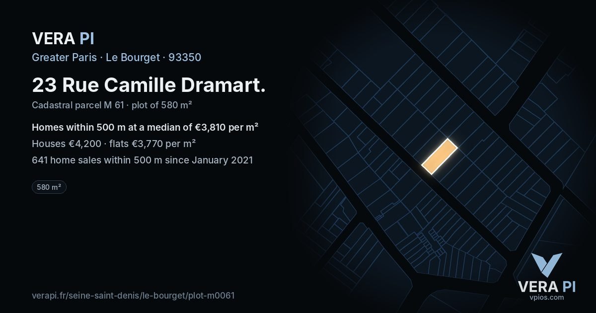 23 Rue Camille Dramart, Le Bourget at night – the plot lit, the parcels around coloured by the prices near them