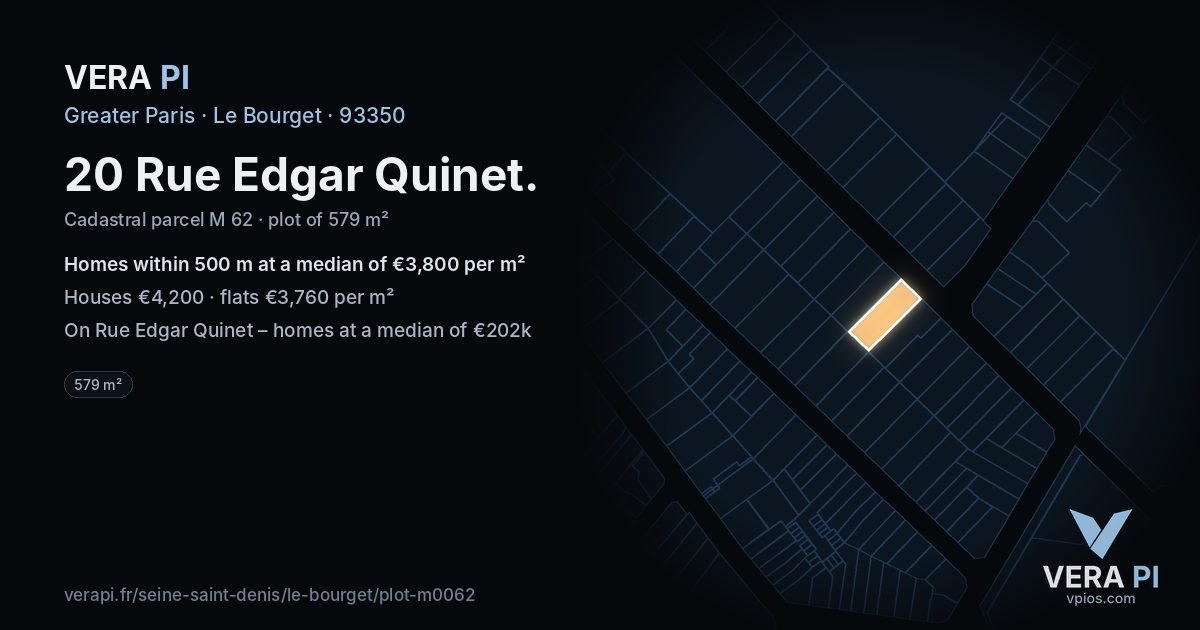 20 Rue Edgar Quinet, Le Bourget at night – the plot lit, the parcels around coloured by the prices near them