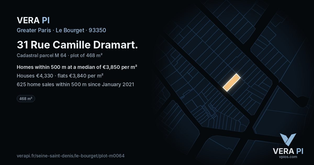 31 Rue Camille Dramart, Le Bourget at night – the plot lit, the parcels around coloured by the prices near them
