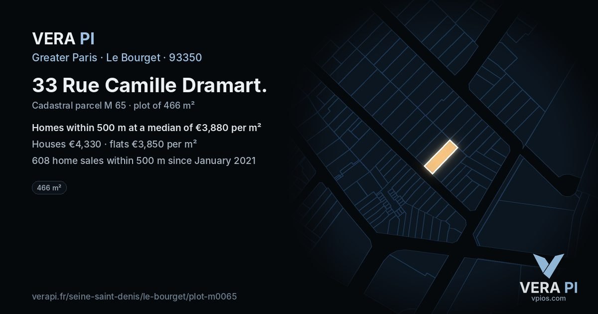 33 Rue Camille Dramart, Le Bourget at night – the plot lit, the parcels around coloured by the prices near them