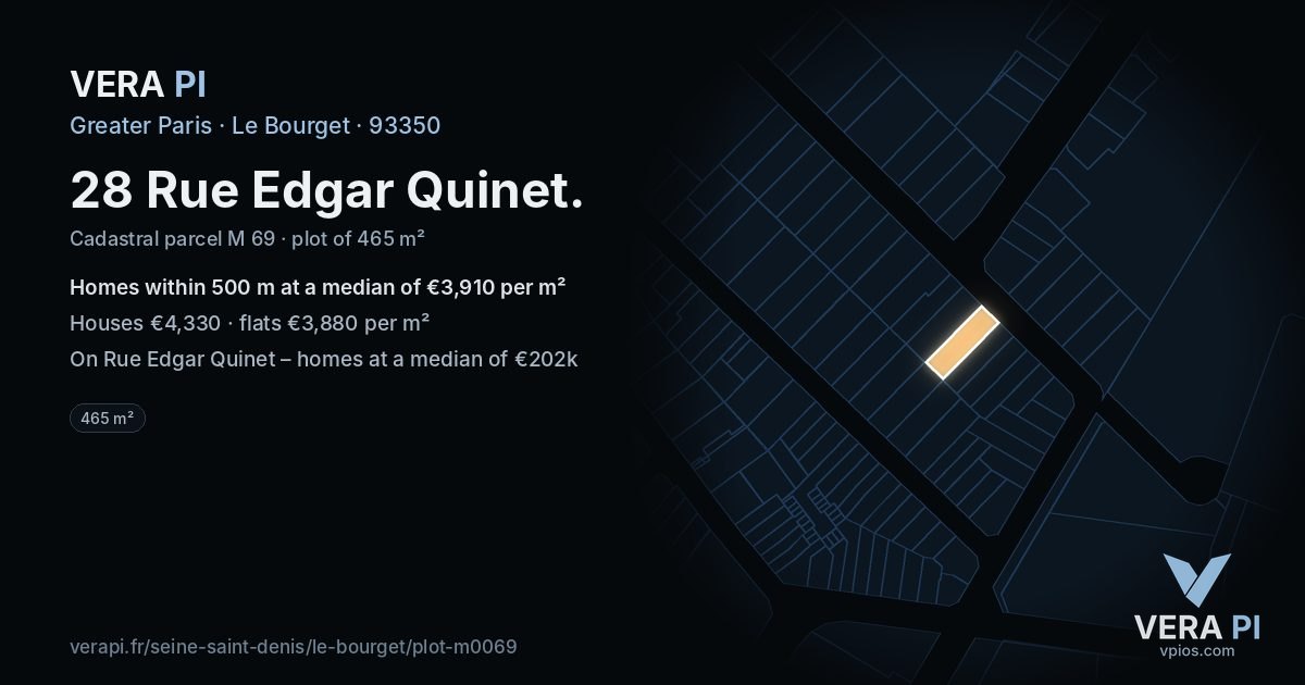 28 Rue Edgar Quinet, Le Bourget at night – the plot lit, the parcels around coloured by the prices near them