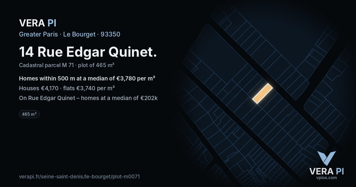 14 Rue Edgar Quinet, Le Bourget at night – the plot lit, the parcels around coloured by the prices near them