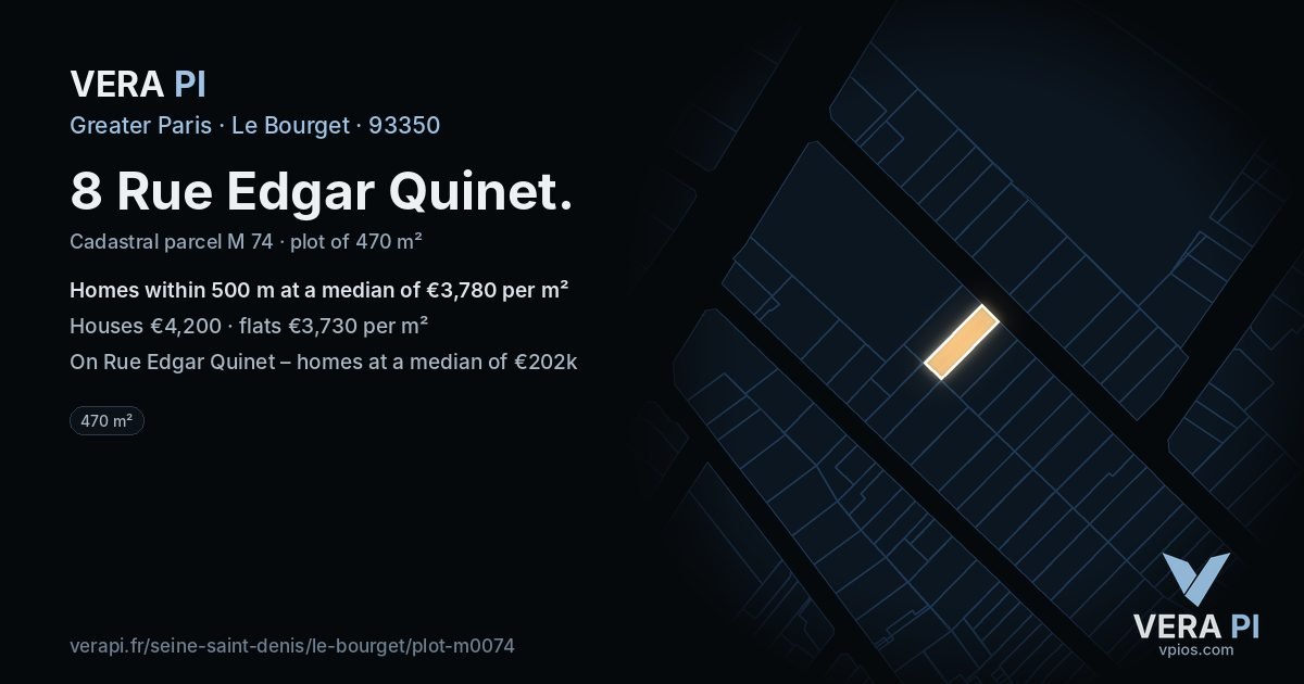 8 Rue Edgar Quinet, Le Bourget at night – the plot lit, the parcels around coloured by the prices near them