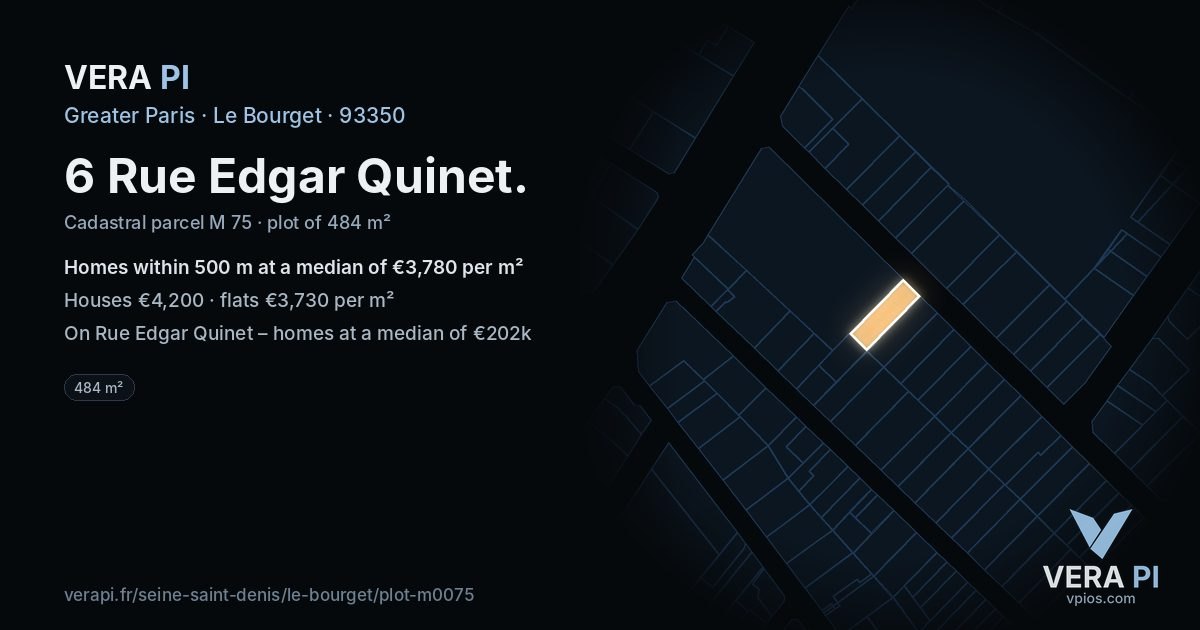 6 Rue Edgar Quinet, Le Bourget at night – the plot lit, the parcels around coloured by the prices near them