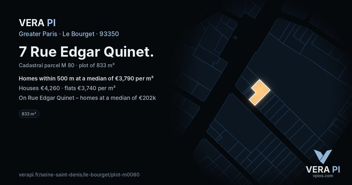 7 Rue Edgar Quinet, Le Bourget at night – the plot lit, the parcels around coloured by the prices near them