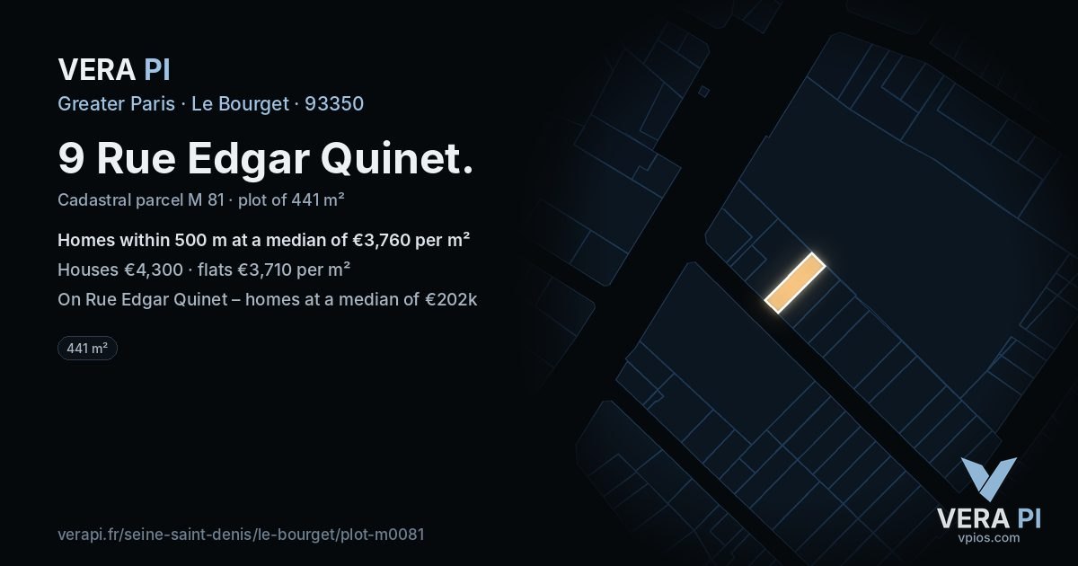 9 Rue Edgar Quinet, Le Bourget at night – the plot lit, the parcels around coloured by the prices near them